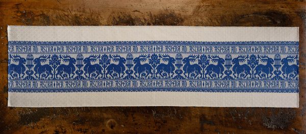 Ivory blue pure cotton table runner "Deer with Fountain" - Cotton, Table runners